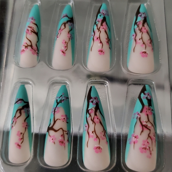 Arizona Green Iced Tea Matte Teal Cherry Blossom Stiletto Nails - Picture 3 of 3